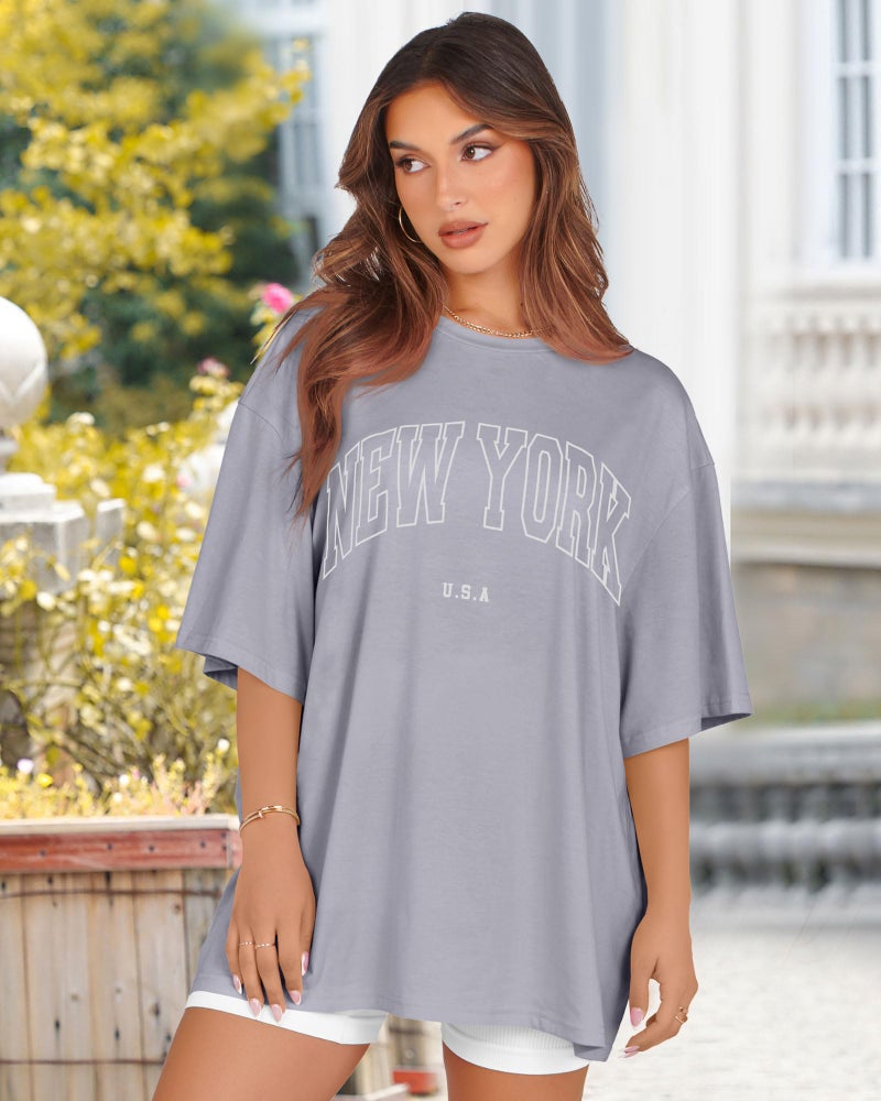 rosemia Oversized Tshirts for Women Summer Short Sleeve Round Neck Graphic Tee Shirt, Grey New York, L - Image 4