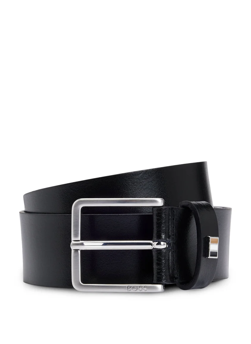 BOSS Italian-leather belt with signature-stripe keeper trim