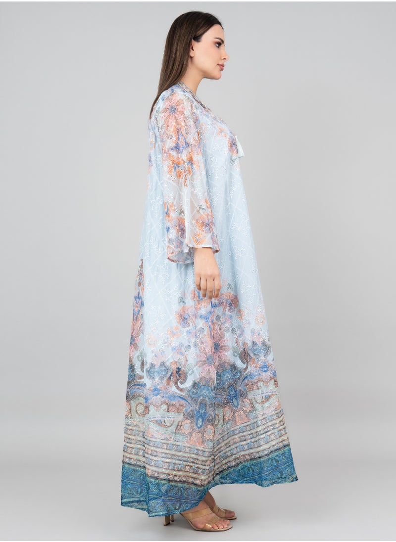 IKKXA Floral Flared Sleeves Printed Jalabiya OMN04 Blue  - Image 3