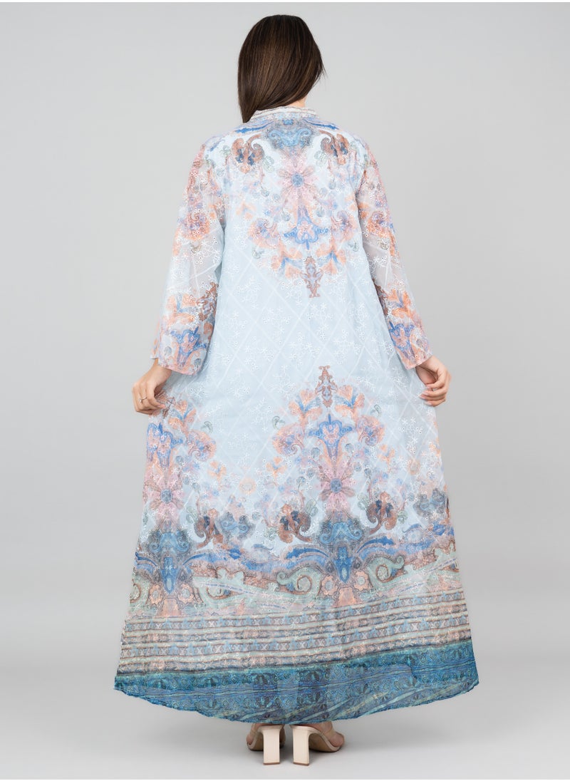 IKKXA Floral Flared Sleeves Printed Jalabiya OMN04 Blue  - Image 2