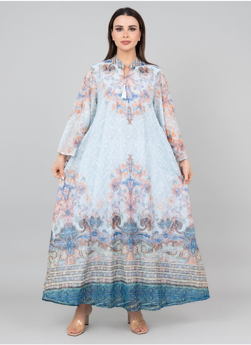 IKKXA Floral Flared Sleeves Printed Jalabiya OMN04 Blue  - Image 1