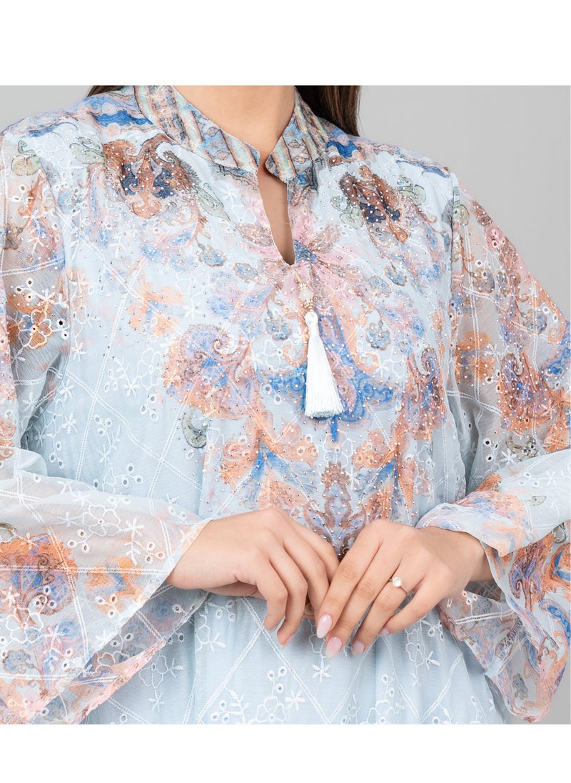 IKKXA Floral Flared Sleeves Printed Jalabiya OMN04 Blue  - Image 4