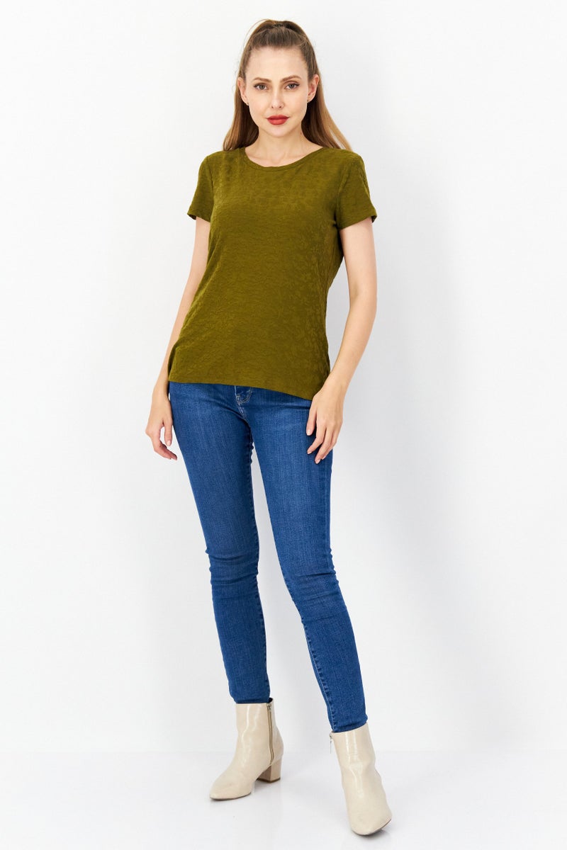Zero Women Crew Neck Short Sleeve Textured T Shirt, Olive - Image 2