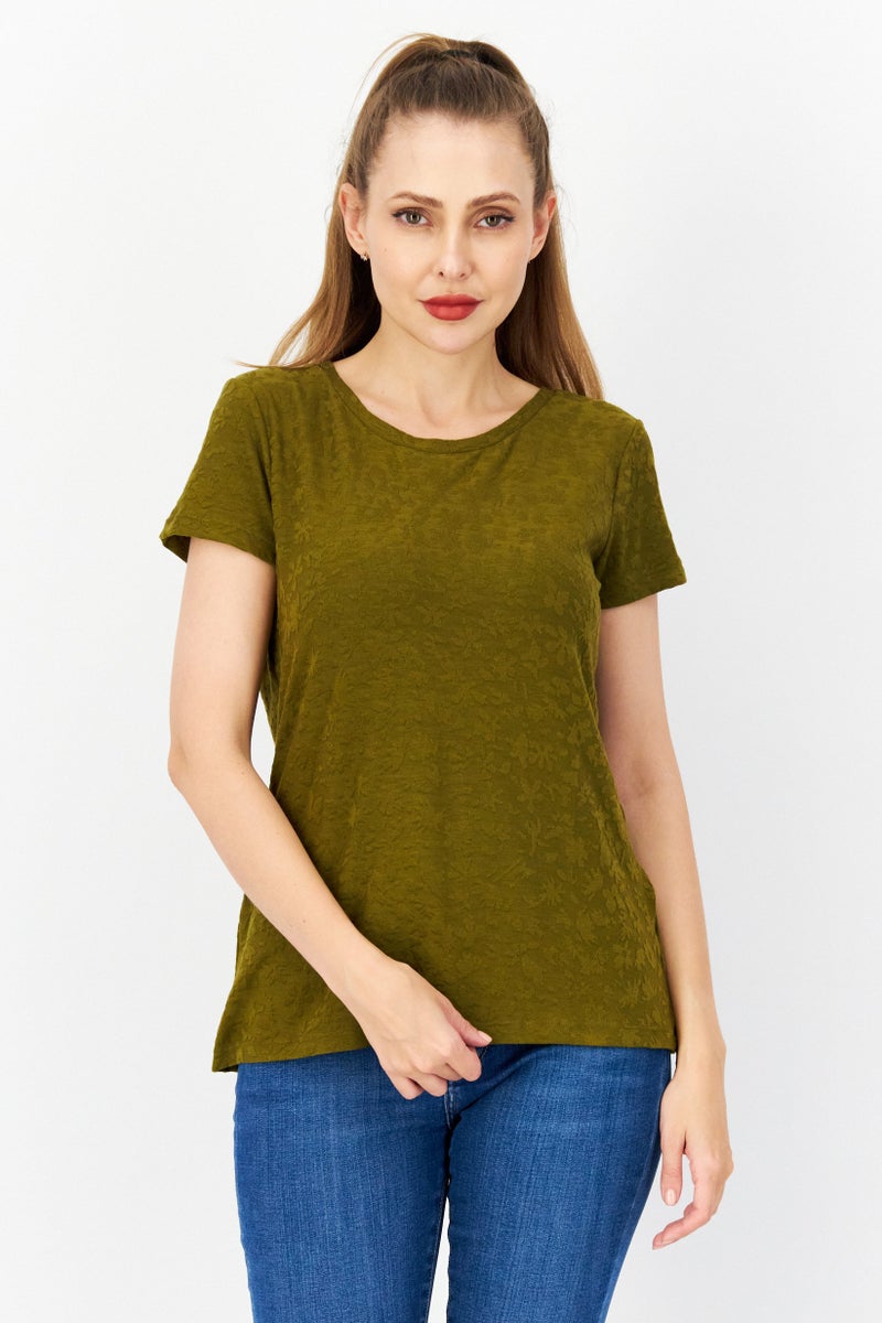 Zero Women Crew Neck Short Sleeve Textured T Shirt, Olive - Image 1