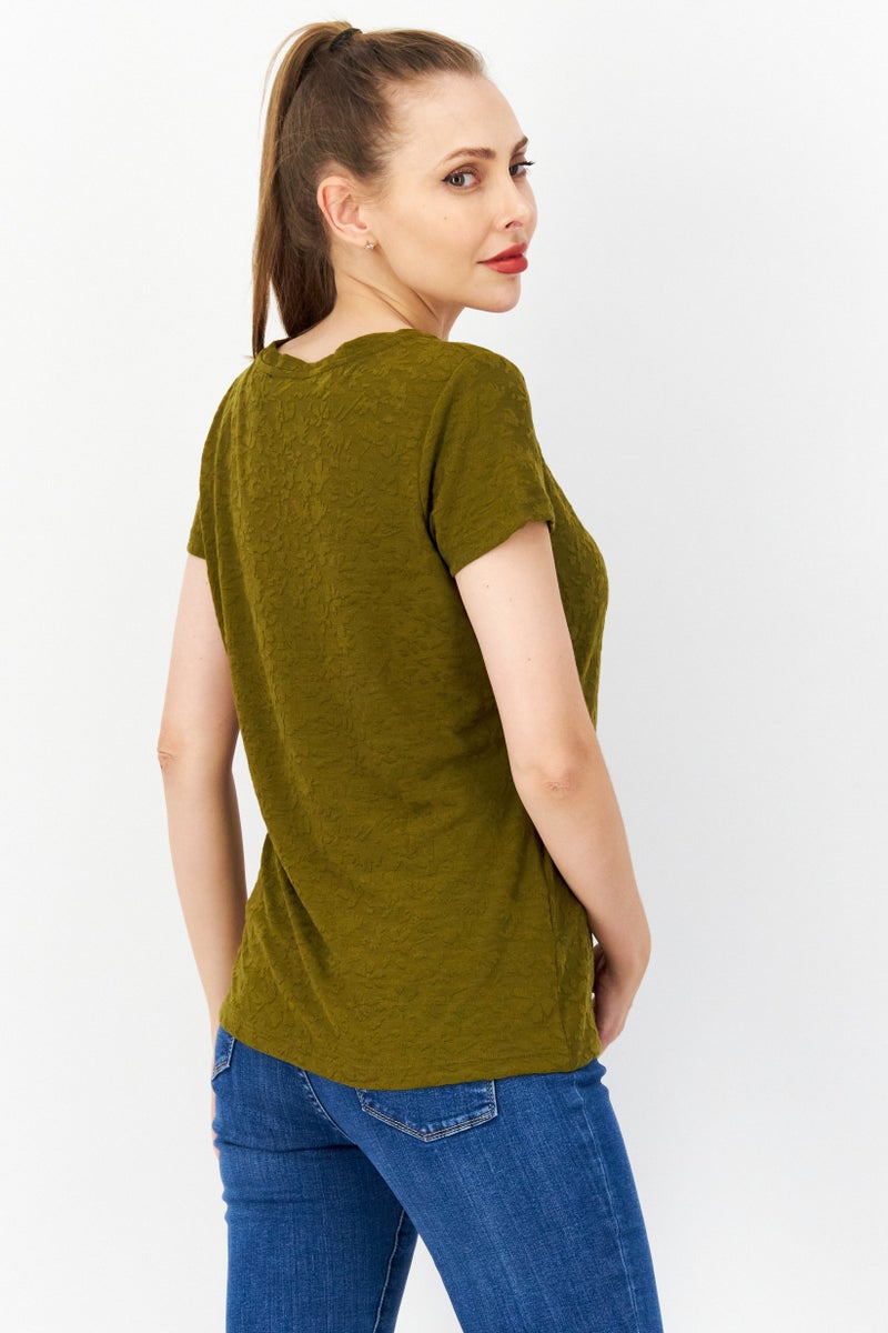 Zero Women Crew Neck Short Sleeve Textured T Shirt, Olive - Image 3