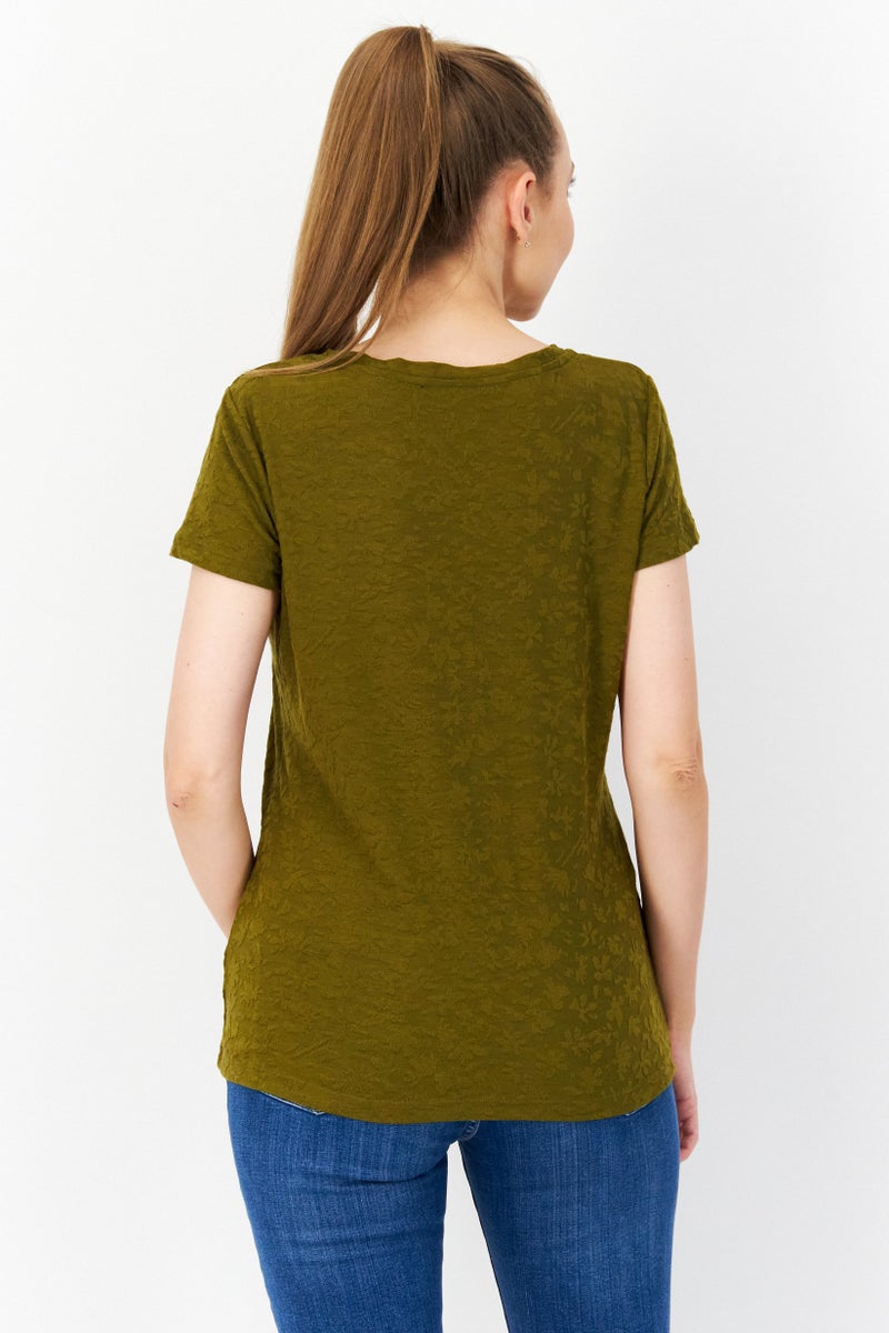 Zero Women Crew Neck Short Sleeve Textured T Shirt, Olive - Image 4