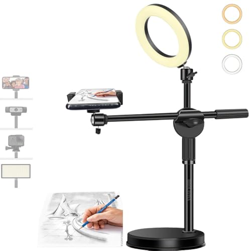 BROLAVIYA Overhead Video Stand with 6-inch Ring Light, Metal Rod,1/4" Ball Head for Camera,Webcam,Gopro, with Mobile Bracket for Overhead Video,Desktop,Bedroom, Office. - Image 1