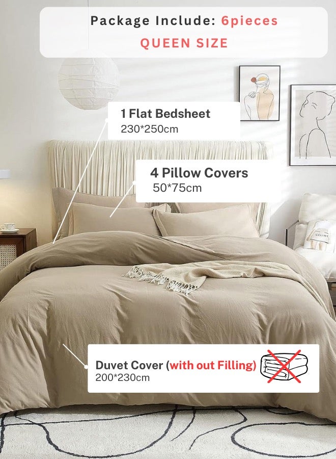 LUNA Home Queen Size 6 Pieces Bedding Set, Washable Cotton, Plain Beige Color  - Image 2