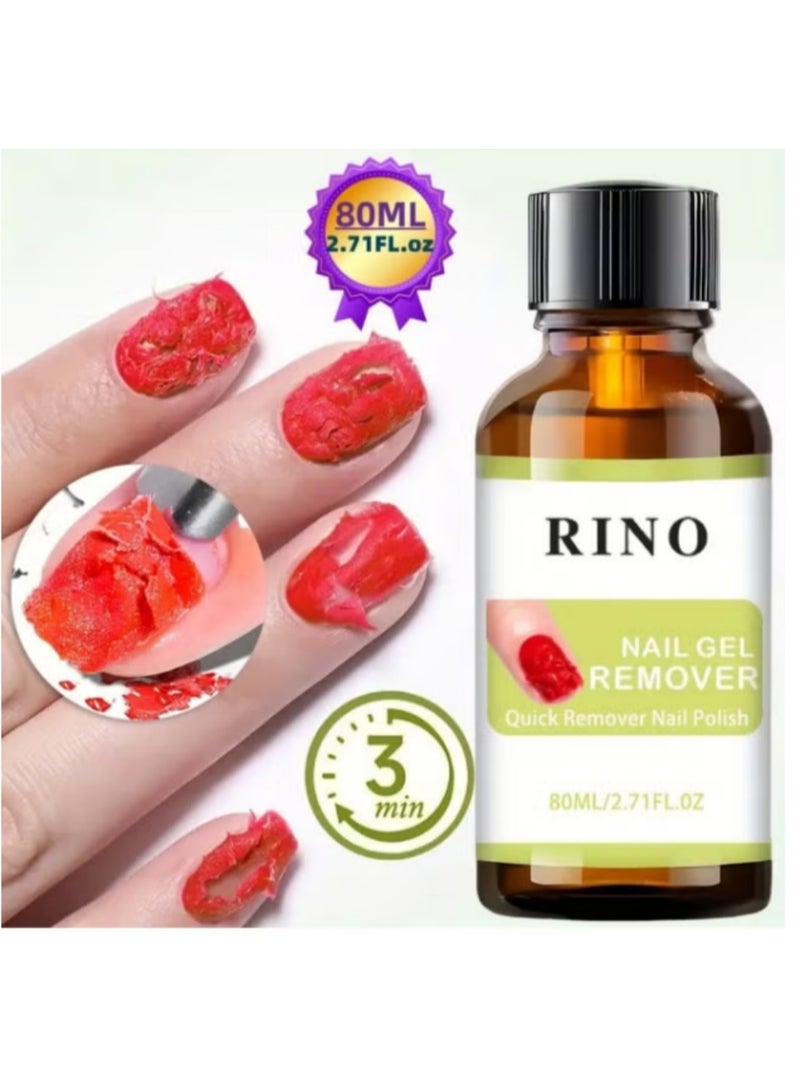 RINO مزيل طلاء الأظافر جل احترافي 80 مل ، مزيل طلاء الأظافر بسرعة خلال 2-3 دقائق ، لا يضر بالبشرة / لا رائحة مهيجة / لا حاجة إلى ورق الألمنيوم ، النقع أو التغطية ، مزيل الجلد الزائد - وسادات الأظافر للعناية الاحترافية بالأظافر - Image 1