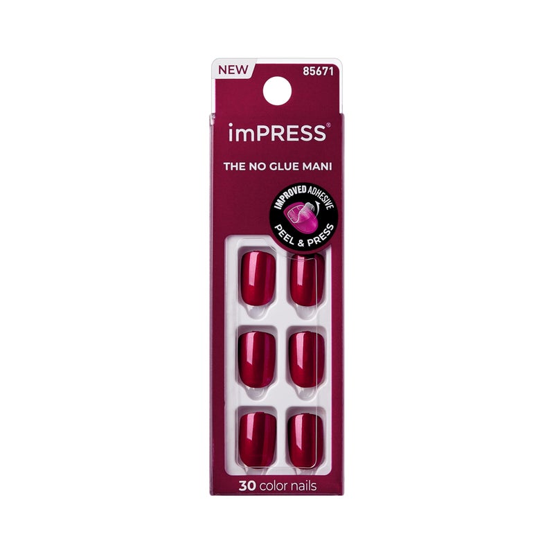 Impress KISS imPRESS No Glue Mani Press On Nails, Color, 'Red Velvet', Red, Short Size, Squoval Shape, Includes 30 Nails, Prep Pad, Instructions Sheet, 1 Manicure Stick, 1 Mini File - Image 1