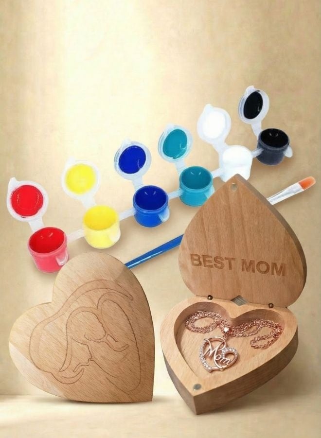 Fatio Heart-Shaped DIY Wooden Keepsake Box with Necklace – Personalized Mother’s Day Gift Set with Paint Kit - Image 1