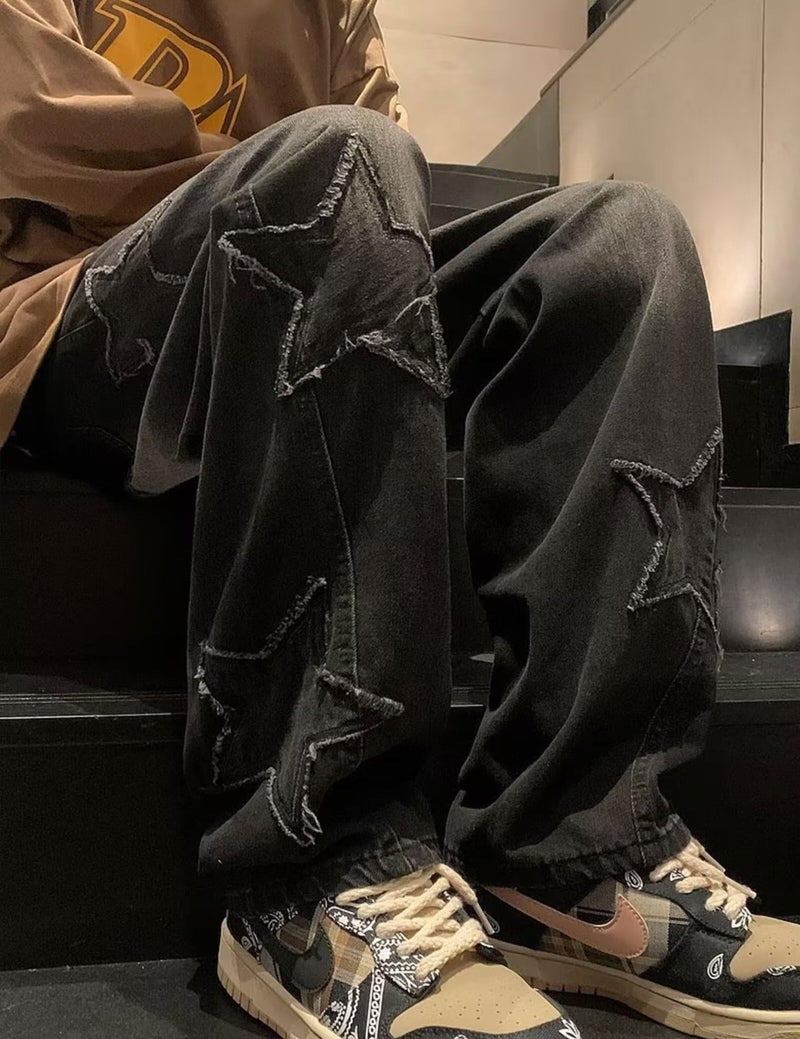 FCOOLYEET Y2k Jeans Men Harajuku Baggy Star Denim Pants Straight Leg Hip Hop Graphic Streetwear Jeans Black - Image 5