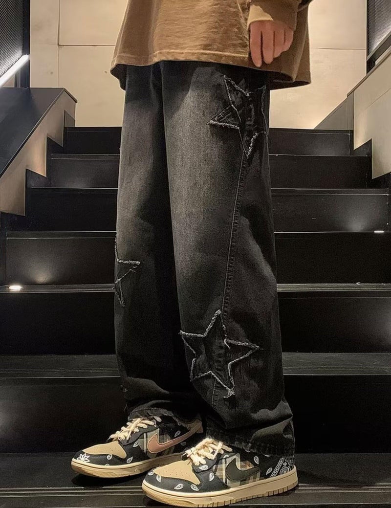 FCOOLYEET Y2k Jeans Men Harajuku Baggy Star Denim Pants Straight Leg Hip Hop Graphic Streetwear Jeans Black - Image 3