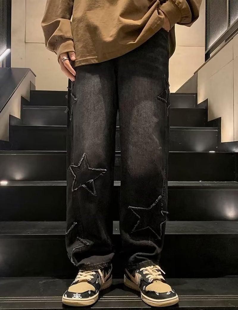 FCOOLYEET Y2k Jeans Men Harajuku Baggy Star Denim Pants Straight Leg Hip Hop Graphic Streetwear Jeans Black - Image 4