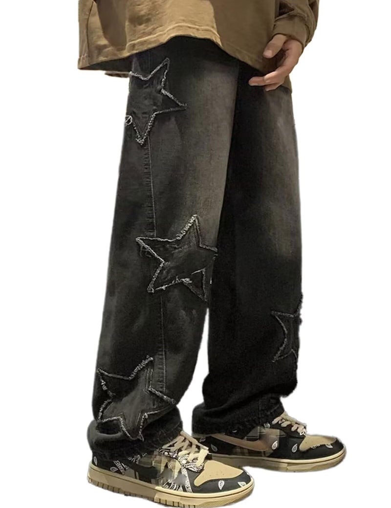 FCOOLYEET Y2k Jeans Men Harajuku Baggy Star Denim Pants Straight Leg Hip Hop Graphic Streetwear Jeans Black - Image 1