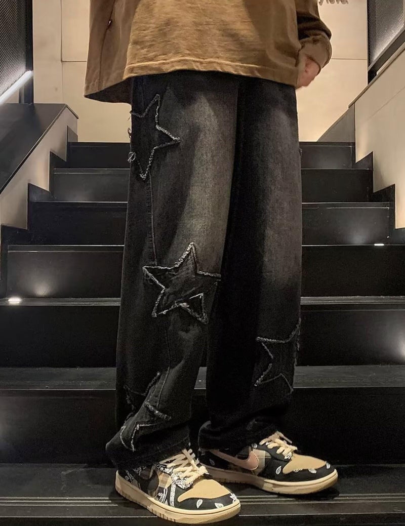 FCOOLYEET Y2k Jeans Men Harajuku Baggy Star Denim Pants Straight Leg Hip Hop Graphic Streetwear Jeans Black - Image 2