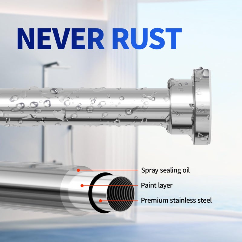 Mcrbeay Shower Curtain Rod, 1" Diameter Heavy Duty Tension Shower Rod, Non Slip Adjustable 28-74 inch No Drilling Shower Curtain Rods Spring Tension For Bathroom, Shower Stall, No Rust, Silver - Image 2