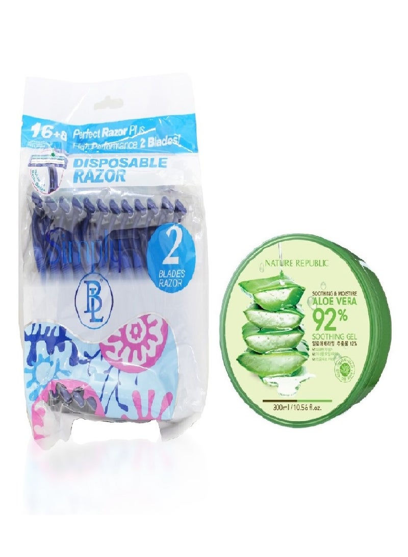 SIMPLY 16+8 Perfect Razor Plus High Performance 2 Blades +Nature Republic Soothing Aloe Vera 92% Gel - Image 1