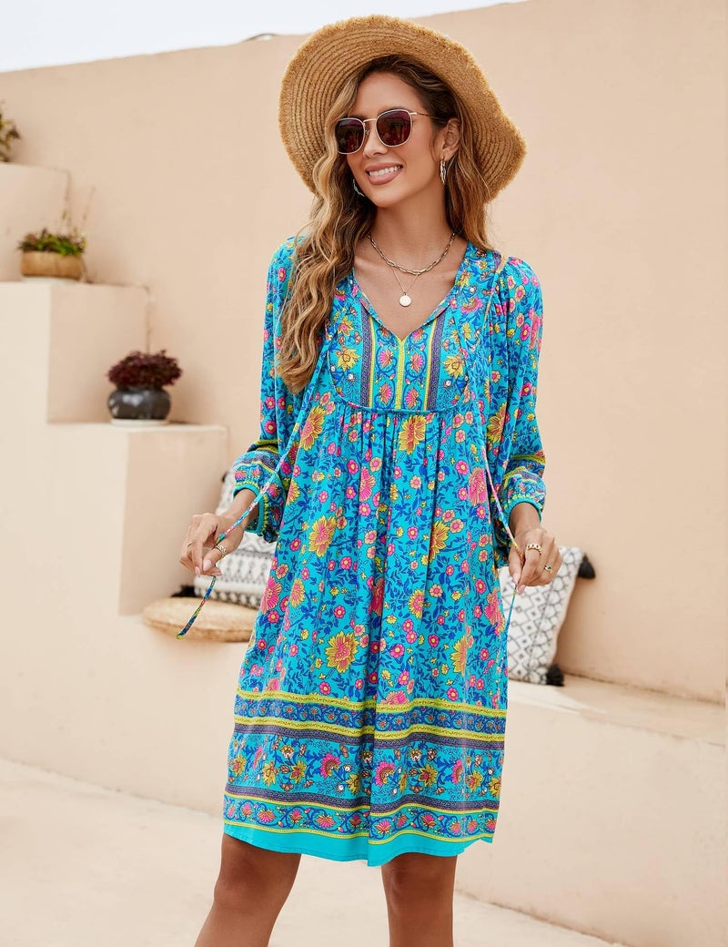 Bluetime Women Casual Summer Dress Boho V Neck 3/4 Sleeve Babydoll Floral Print Flowy Beach Dress (XL, Teal Blue) - Image 4
