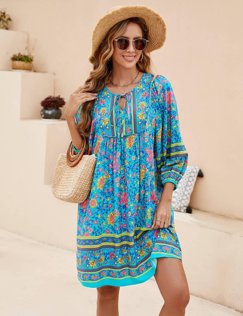 Bluetime Women Casual Summer Dress Boho V Neck 3/4 Sleeve Babydoll Floral Print Flowy Beach Dress (XL, Teal Blue) - Image 2