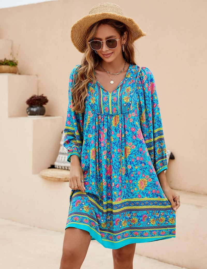 Bluetime Women Casual Summer Dress Boho V Neck 3/4 Sleeve Babydoll Floral Print Flowy Beach Dress (XL, Teal Blue) - Image 3