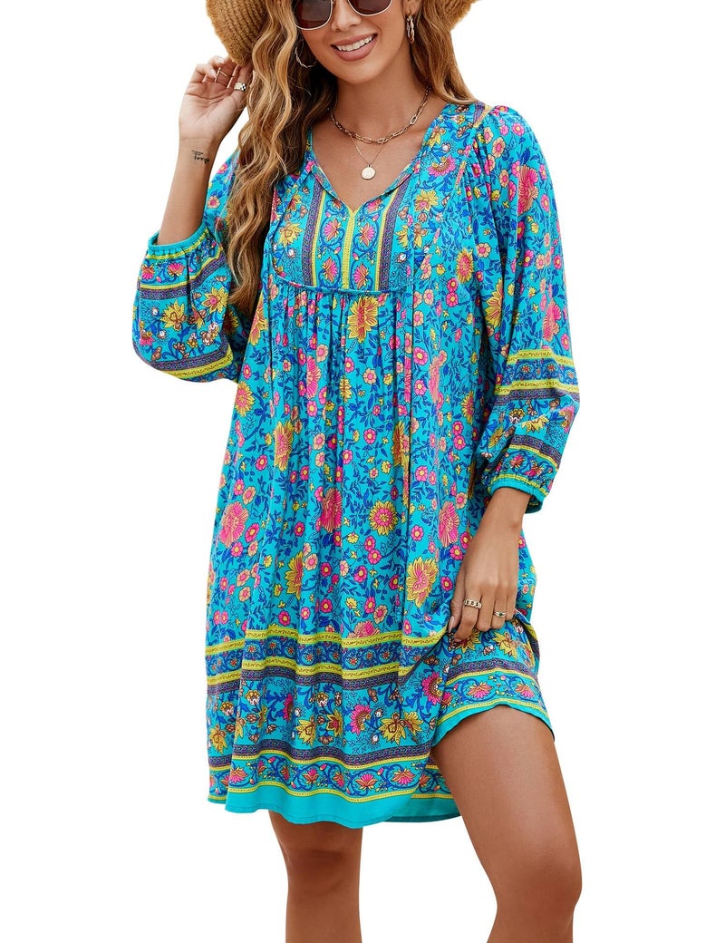 Bluetime Women Casual Summer Dress Boho V Neck 3/4 Sleeve Babydoll Floral Print Flowy Beach Dress (XL, Teal Blue) - Image 1