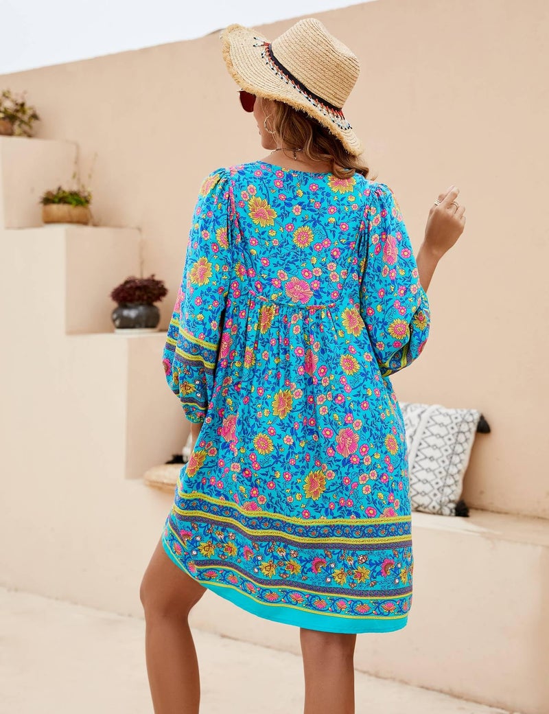 Bluetime Women Casual Summer Dress Boho V Neck 3/4 Sleeve Babydoll Floral Print Flowy Beach Dress (XL, Teal Blue) - Image 5