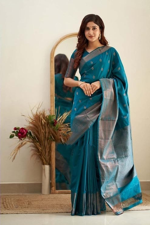 C J Enterprise Women's Banarasi Saree Pure Kanjivaram Silk Saree Soft Design Wear Pattu Sarees Latest Cotton With Blouse Piece Kanchipuram for Wedding sadi new ladies 2025 (Diamond-Butti) (Morpich) - Image 5