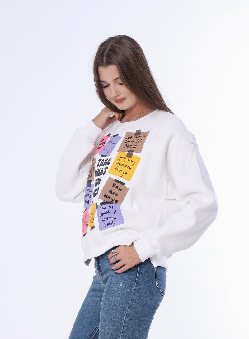 بيبو سويت شيرت نسائي بطبعة، وأكمام طويلة_ابيض - Image 2