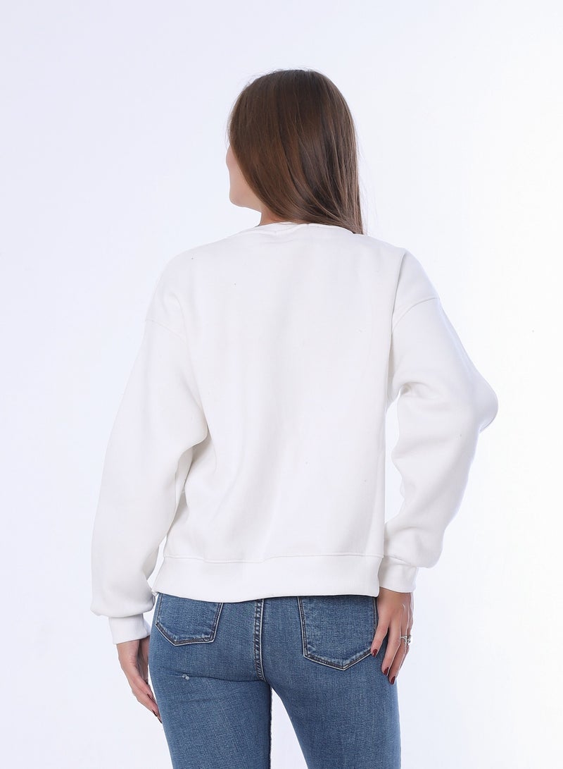 بيبو سويت شيرت نسائي بطبعة، وأكمام طويلة_ابيض - Image 3