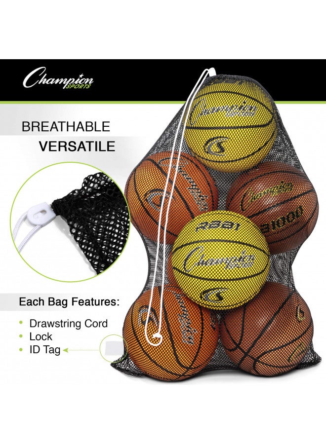 Champion Sports Mesh Sports Equipment Bag, Black, 24x36 Inches - Multipurpose, Nylon Drawstring Bag with Lock and ID Tag for Balls, Beach, Laundry