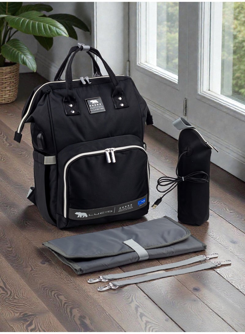LUCID Custom LUCID USB Charging Multifunctional Waterproof Backpack Diaper Bag for Baby - Black