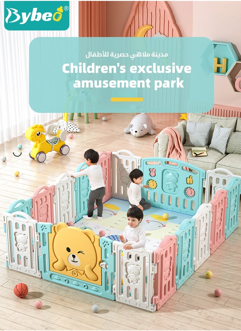 Bybeo - Baby Playpen, Foldable Babies Playards for Toddlers with Gate and Game Board, Safety Infant Activity Center, Sturdy Play Area, Macaron Colors and Patterns, Perfect Child's Gift,16 Panel - Image 1