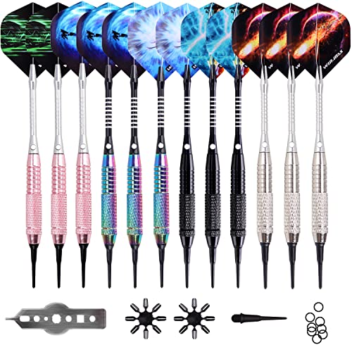 WIN.MAX Darts Plastic Tip - Soft Tip Darts Set - 12 Pcs 18 Gram with 100 Extra Dart Tips 12 Flights Flight Protectors and Wrench for Electronic Dart Board - Image 1