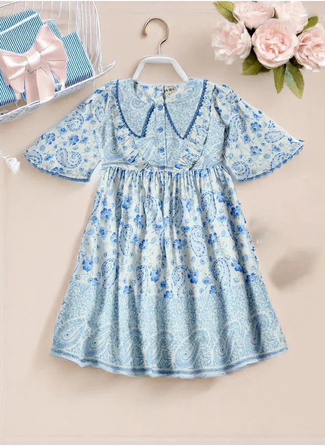 BELLA MODA Bella Moda All-Over Print Lace Trim Cotton Dress with 3/4 Sleeves