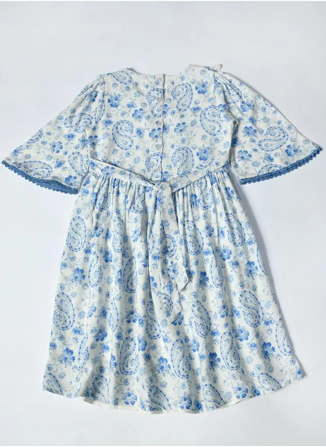 BELLA MODA Bella Moda All-Over Print Lace Trim Cotton Dress with 3/4 Sleeves