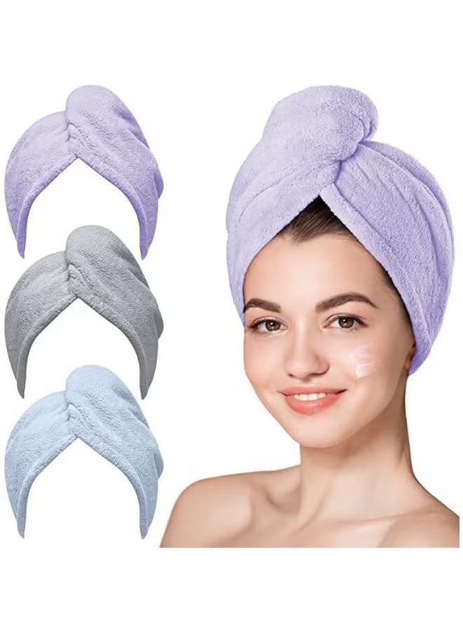 3 Packs Microfiber Hair Towel for Wet Hair Purple Blue Grey - Image 1