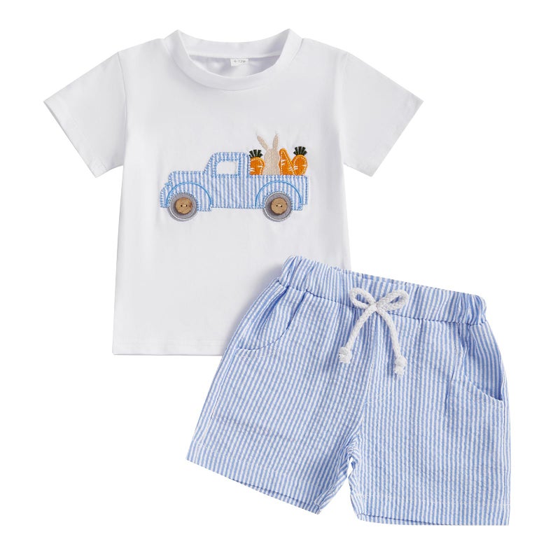 BemeyourBBs Toddler Baby Boy Easter Outfit Graph Short Sleeve T Shirt Elastic Waist Pockets Shorts Set 2 Piece Clothes Truck bunny carrot blue, 18-24 Months - Image 1