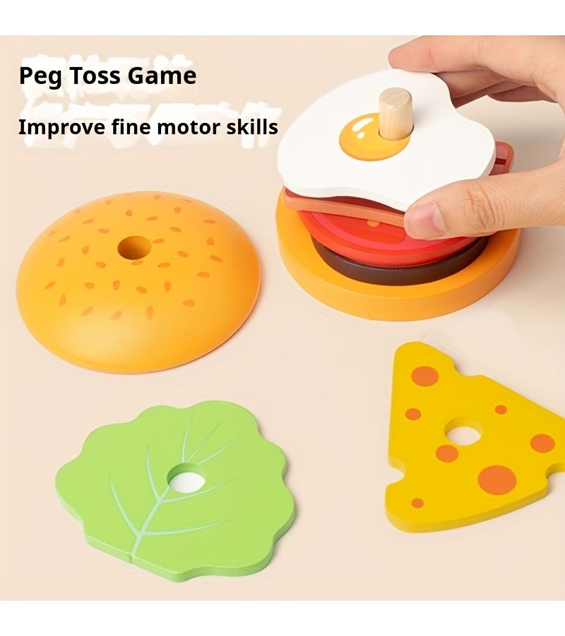 Wooden Hamburger Sandwich Sorting Stacking Toy Develops Hand Eye Coordination Logic Skills - Image 5