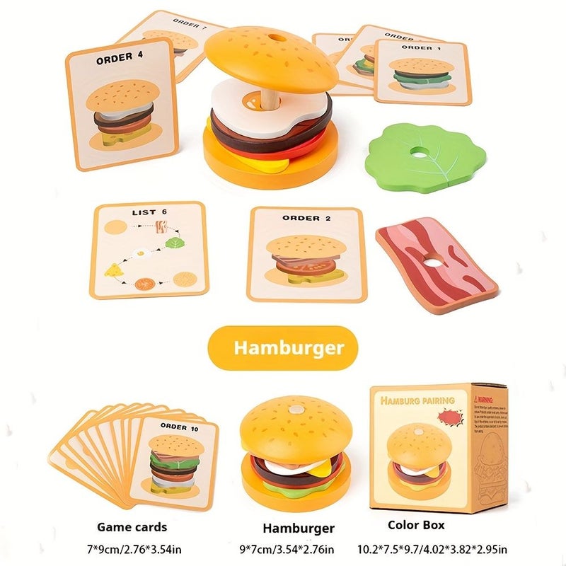 Wooden Hamburger Sandwich Sorting Stacking Toy Develops Hand Eye Coordination Logic Skills - Image 2