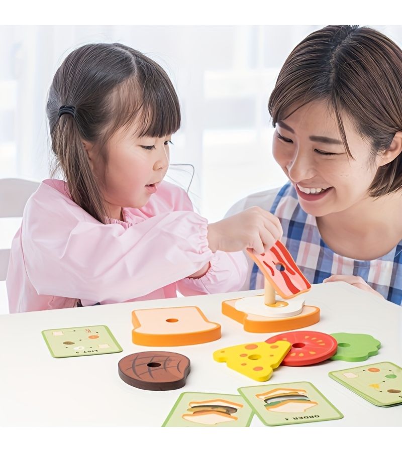 Wooden Hamburger Sandwich Sorting Stacking Toy Develops Hand Eye Coordination Logic Skills - Image 4