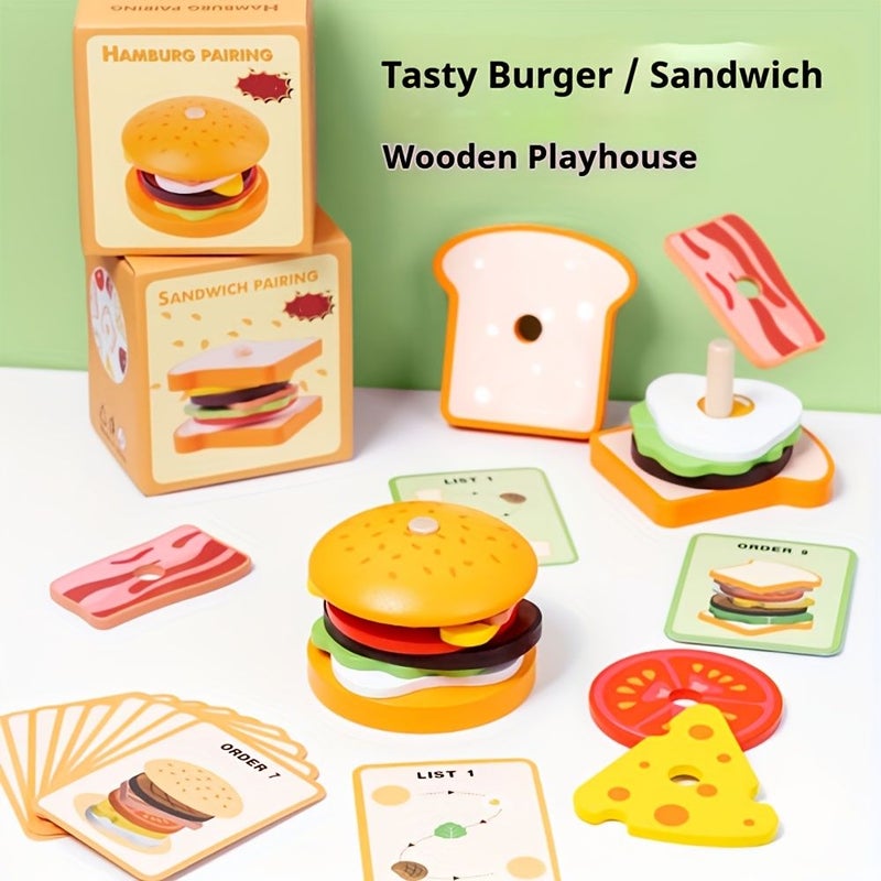 Wooden Hamburger Sandwich Sorting Stacking Toy Develops Hand Eye Coordination Logic Skills - Image 1