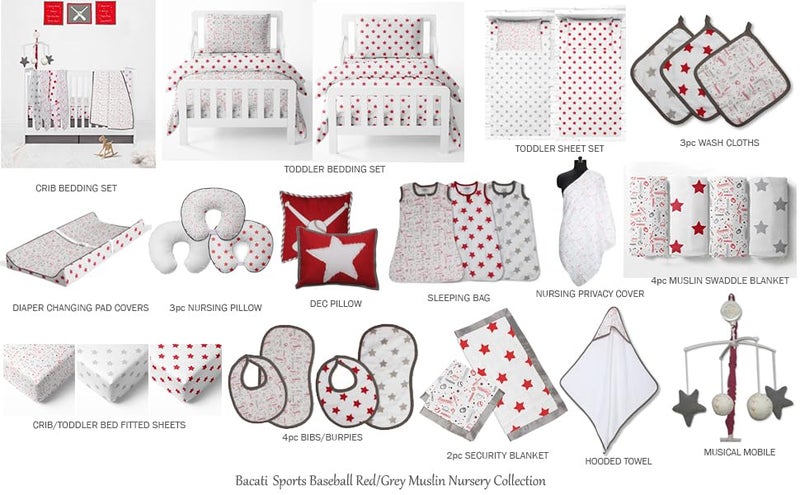 Bacati - Sports Muslin Set of 3 Wash Cloths or Hooded Towel (Hooded Towel, Baseball Red/Grey) - Image 3