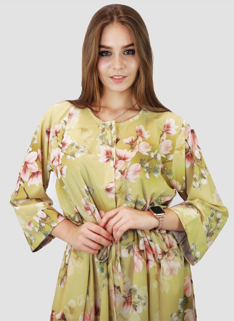 Kidwala Women'S Long Floral Dress With Front Tie Knot, Gold & Pink Dress, 3/4 Quarter Sleeve, Printed Vintage Dress, Maxi Dress With Front Button, Lady Dress - Image 1