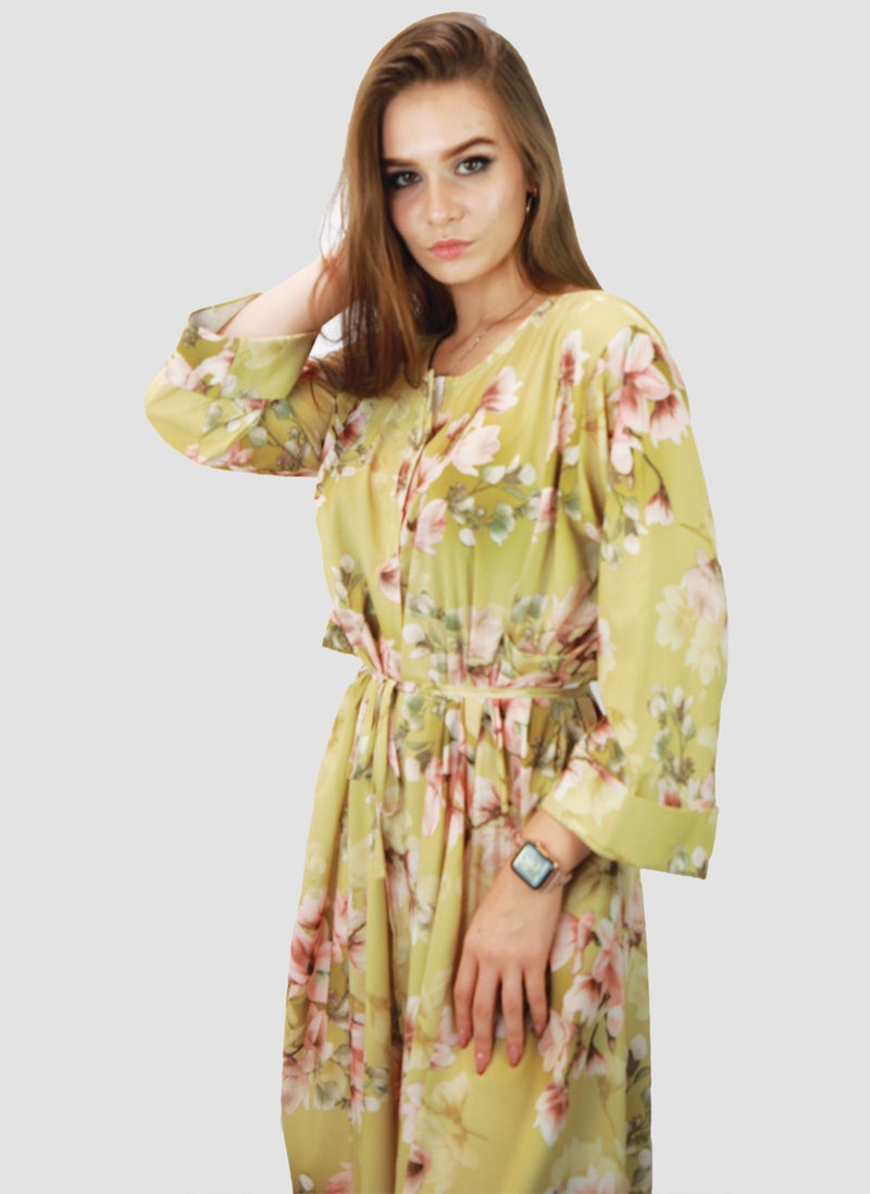 Kidwala Women'S Long Floral Dress With Front Tie Knot, Gold & Pink Dress, 3/4 Quarter Sleeve, Printed Vintage Dress, Maxi Dress With Front Button, Lady Dress - Image 2