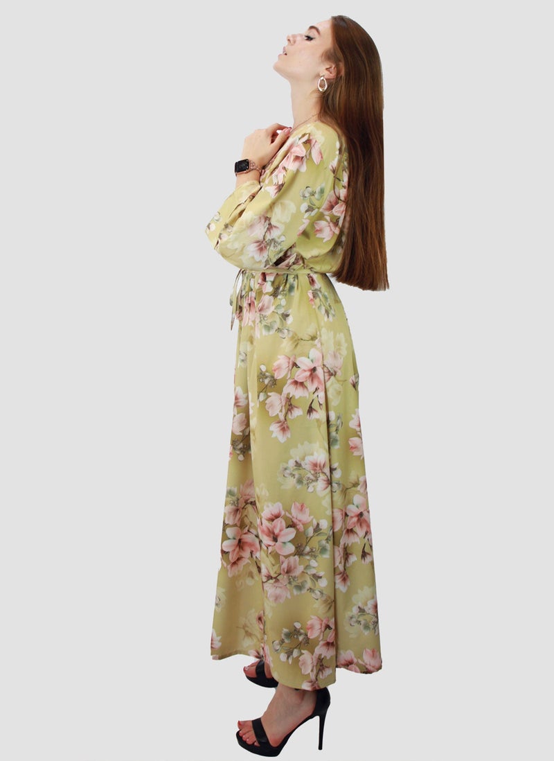 Kidwala Women'S Long Floral Dress With Front Tie Knot, Gold & Pink Dress, 3/4 Quarter Sleeve, Printed Vintage Dress, Maxi Dress With Front Button, Lady Dress - Image 4