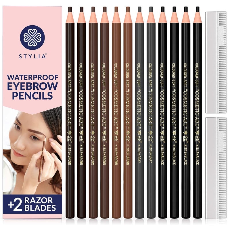 Stylia Waterproof Eyebrow Pencils For Women  LongLasting Microblading Supplies Brow Pencil Perfect for Eyebrow Shaper Filling  Defining NaturalLooking Brow  12PC in 5 Colors