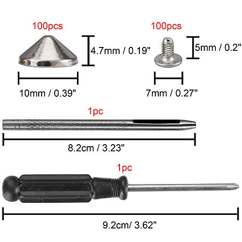 YORANYO 100 Sets Cone Spikes and Studs 4.7MM Height Silver Color 3/16" Bullet Spikes Screw Back Punk Studs and Spikes for Clothing Shoes Leather Craft Belts Bag Rivets with Installation Tools - Image 2