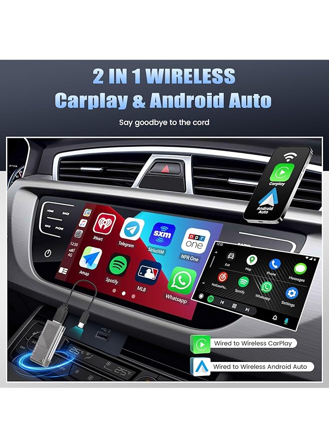 KASTWAVE 2 In 1 Wireless Carplay Adapter&Android Auto Wireless Adapter, Plug & Play Wireless Carplay Adapter With Usb Port Convert Wired To Wireless Carplay Dongle, For All Factory Wired Carplay Cars, No Delay - Image 2
