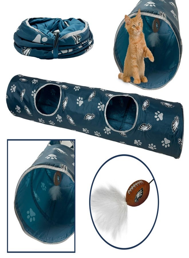 Pets First NFL Philadelphia Eagles Cat Tunnel Tube Toy with Plush Football Catnip and Feathers Collapsible Tunnel for Cats to Play, Peek and Hide, Sporty & Fun Cat Tunnel Toy with Team Logo All-Over Design! - Image 2